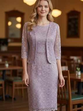 R & M Richards Lavender Lace Midi Dress with Jacket Sz 12